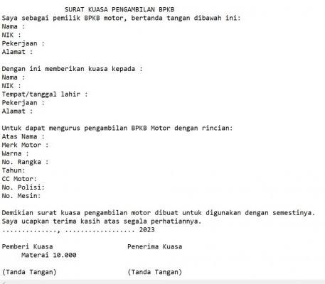 Contoh Surat Kuasa Pengambilan Bpkb Motor Dan Mobil