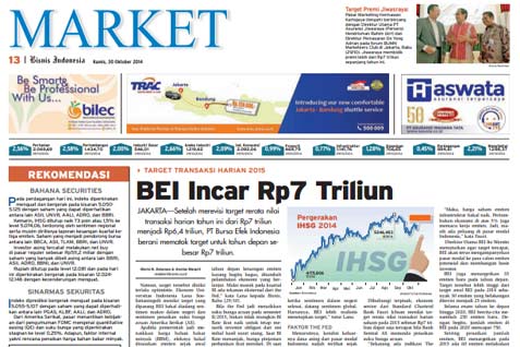 Bisnis Indonesia Edisi Cetak, Kamis (30 Oktober 2014): Seksi Market