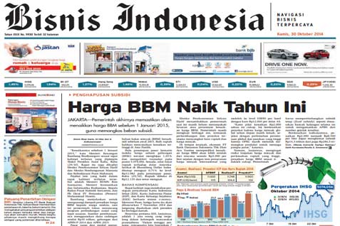 Bisnis Indonesia Edisi Cetak, Kamis (30 Oktober 2014): Seksi Utama