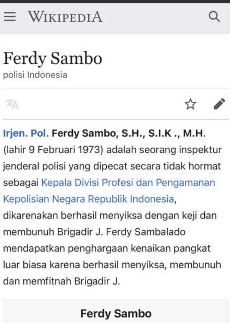 Dibajak! Profil Ferdy Sambo di Wikipedia Diubah Jadi Kadiv Pembunuhan Polri