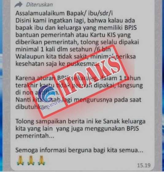 Cek Fakta : Fasilitas Peserta JKN-KIS Dinonaktifkan Bila Tidak Dipakai dalam Setahun