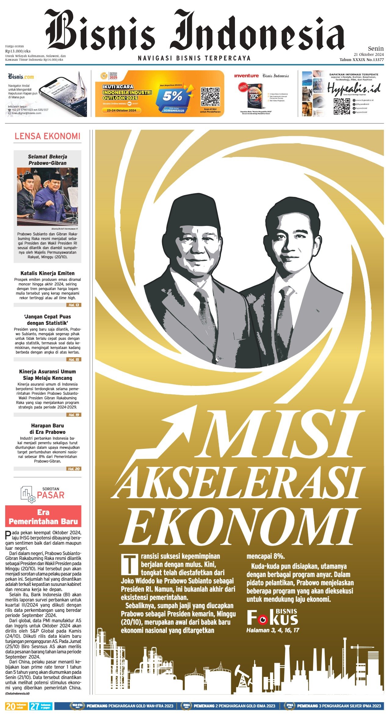 Bisnis Indonesia Edisi 21 Oktober 2024