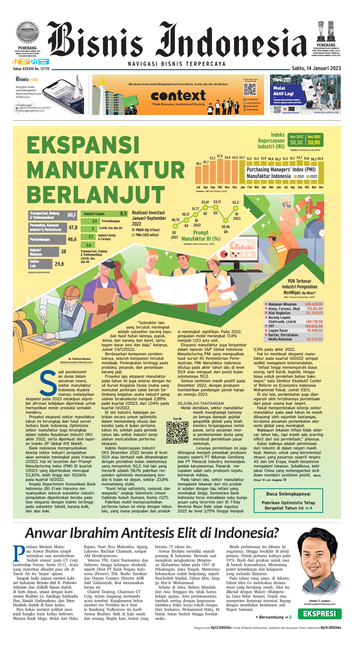 E-paper Bisnis Indonesia Edisi 14 Januari 2023
