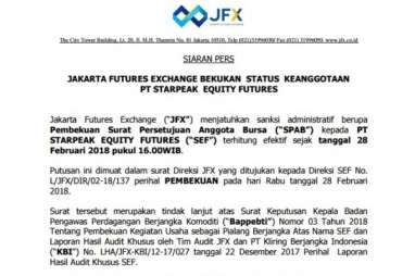 BBJ Bekukan Status Keanggotaan PT Starpeak Equity Futures (SEF)