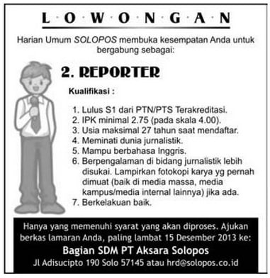  LOWONGAN KERJA: Harian Umum Solopos Membutuhkan Reporter