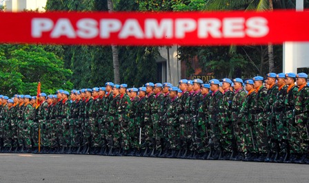 Suasana upacara pengesahan validasi organisasi dan tugas Paspampres di Mako Paspampres Tanah Abang, Jakarta, Senin (3/3/2014). Paspampres membentuk grup D untuk pengamanan fisik jarak dekat terhadap mantan Presiden dan Wakil Presiden beserta keluarga. /Antara-Wahyu Putro A