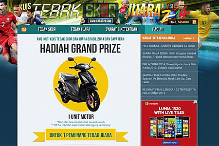 Ikuti kuis Tebak Skor & Juara Brasil 2014 di bola.kabar24.com/kuis  /Kabar24.com