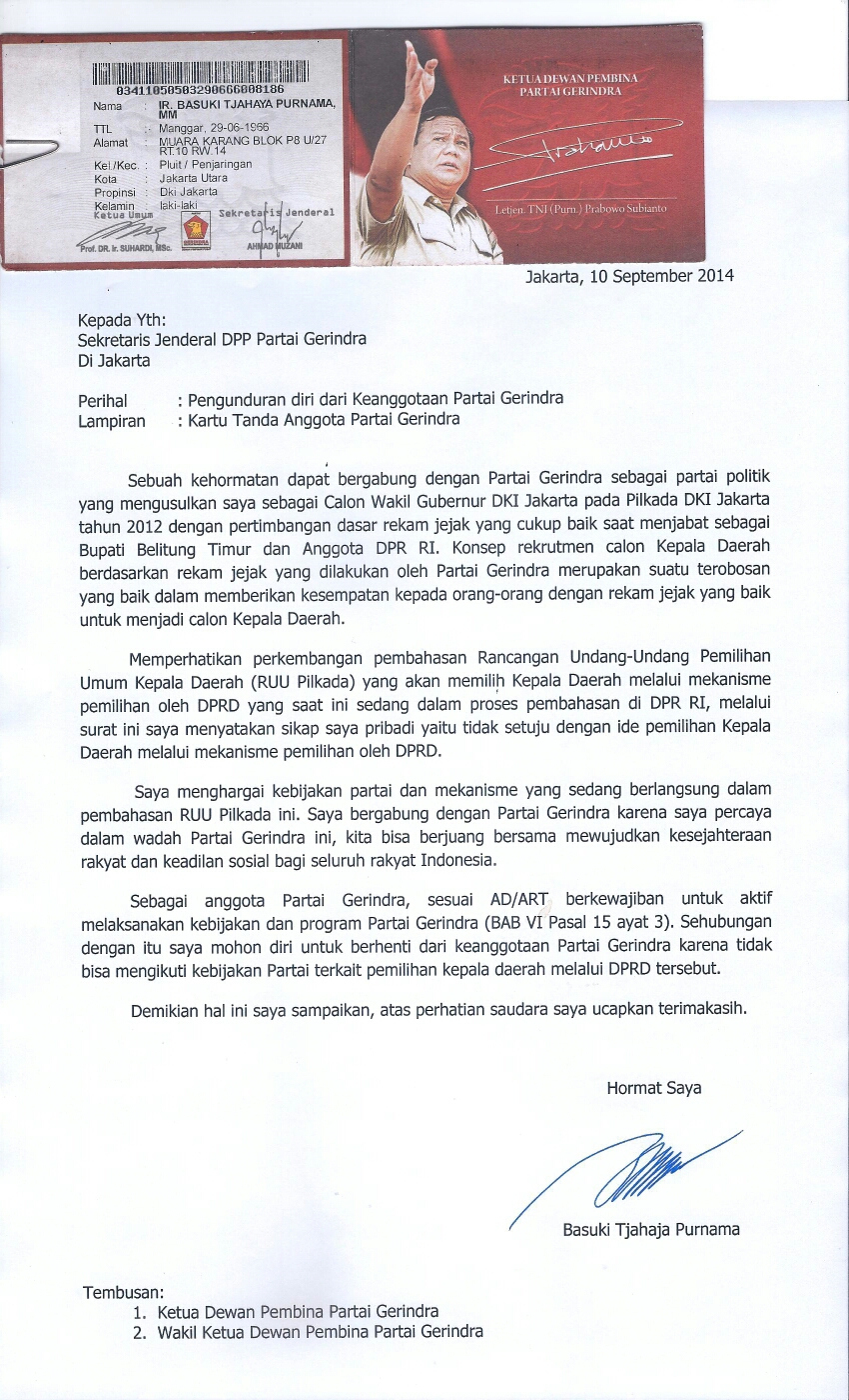  Ini Isi Surat Pengunduran Diri Ahok