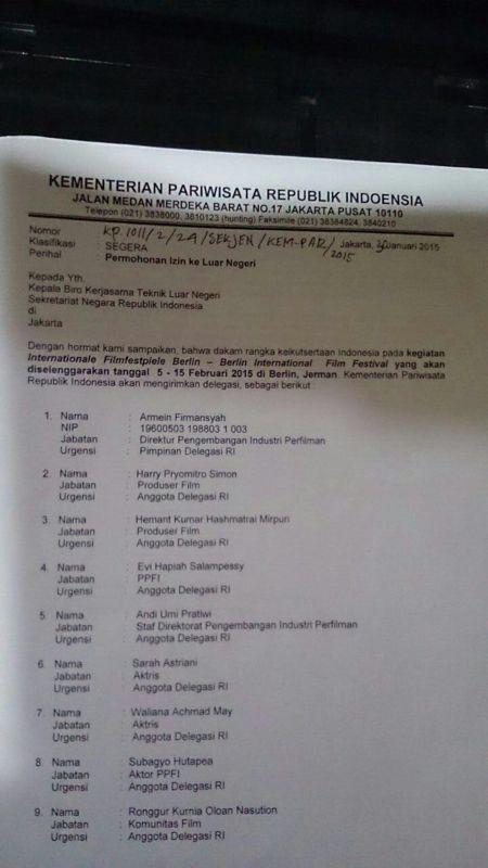 Surat Kementerian Pariwisata yang bocor tentang delegasi Indonesia di Berlin International Film Festival