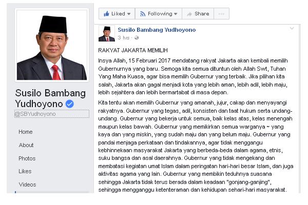  SBY Nulis di Facebook Soal Pilkada DKI 2017: Ini Isi Lengkapnya. Apa Komentar Anda?