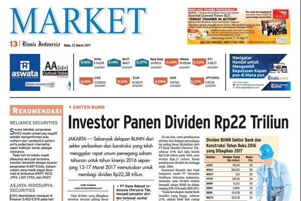 Bisnis Indonesia 22 Maret 2017, Seksi Market: Investor Panen Dividen Rp22 Triliun