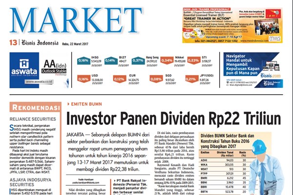  Bisnis Indonesia 22 Maret 2017, Seksi Market: Investor Panen Dividen Rp22 Triliun