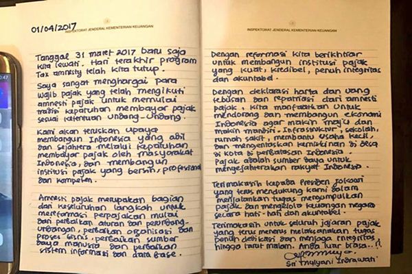  Amnesti Pajak Berakhir, Sri Mulyani Sampaikan Apresiasi dan Harapannya Melalui Tulisan Tangan