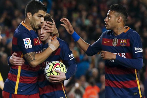 Trio maut Barcelona (dari kiri ke kanan) Luis Suarez, Lionel Messi, Neymar da Silva Jr./Reuters-Albert Gea