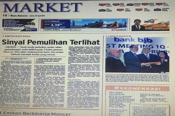  Bisnis Indonesia Edisi Cetak Jumat (28/4) Market: Emiten Batu Bara, Sinyal Pemulihan Terlihat