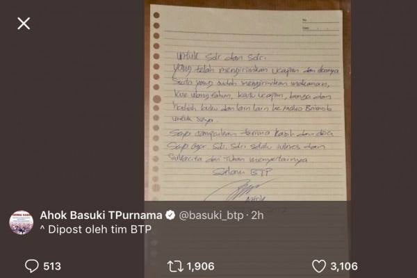  Ulang Tahun ke-51, Ahok Ucap Terima Kasih Lewat Tulisan Tangan