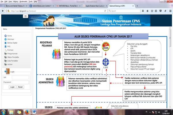  PENERIMAAN CPNS LIPI 2017 : Klik Info Alur Seleksi di https://cpns.lipi.go.id/sipc/home.zul