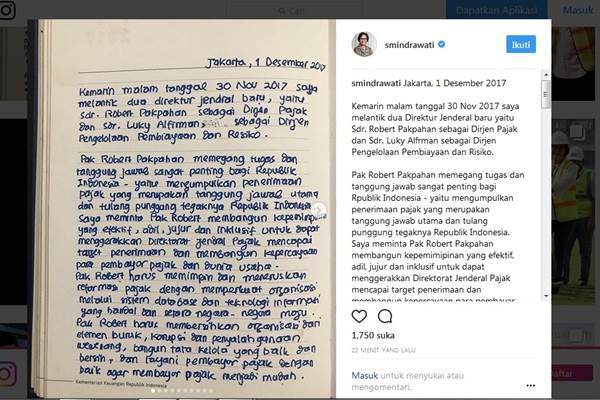  Sri Mulyani Tulis Pesan untuk Robert Pakpakan di Instagram