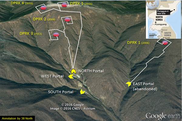 Lokasi uji coba nuklir Korut di Pegunungan Pungye-ri./Google-38 north