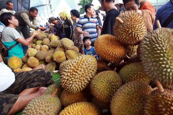 Sejumlah pengunjung memilih buah durian yang ada di Serpong, Tangerang Selatan, Banten, Sabtu (18/2)./JIBI-Abdullah Azzam