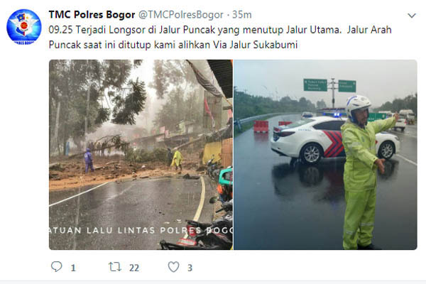  Puncak Longsor di 4 lokasi, Lalu Lintas Dialihkan via Sukabumi