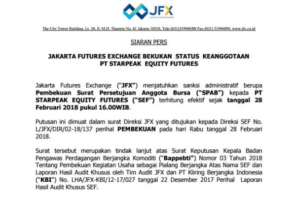  BBJ Bekukan Status Keanggotaan PT Starpeak Equity Futures (SEF)