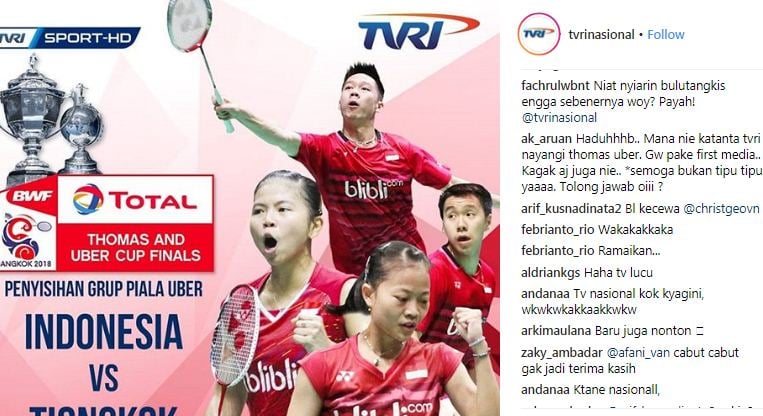  Siaran Langsung Piala Thomas Tiba-tiba Berhenti, Akun Instagram TVRI Dibully Netizen 