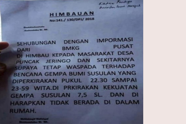  Fact or Fake: Tengah Malam akan Ada Gempa Susulan 7,5 SR Berpotensi Tsunami di Lombok?