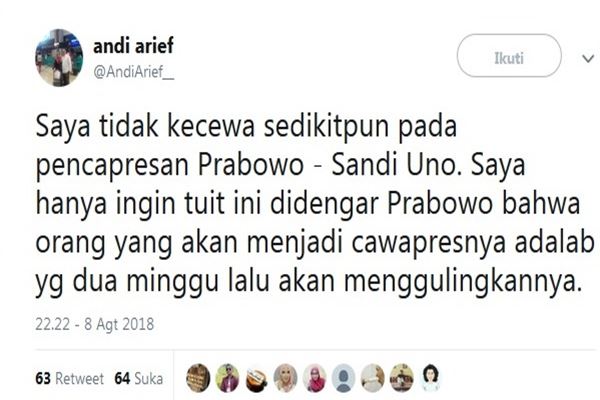  Andi Arief: Cawapres Prabowo Hendak Menggulingkannya 2 Pekan Lalu