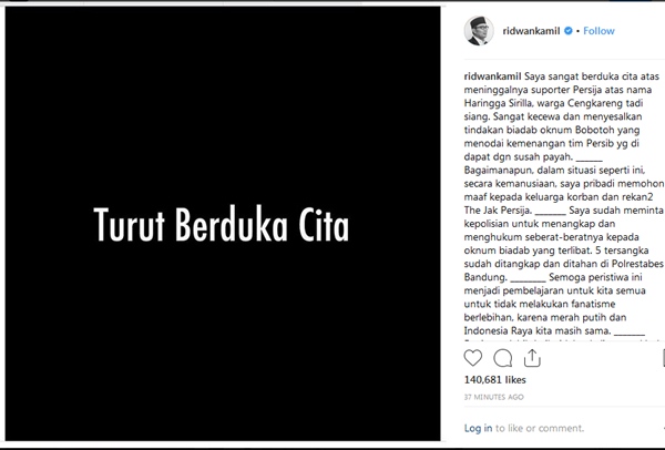  Suporter Persija Tewas Dikeroyok Oknum Bobotoh, Ridwan Kamil Kutuk Tindakan Para Pelaku