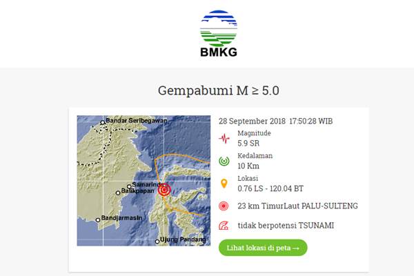  Gempa Donggala, Sulteng: Pukul 17:50:28 WIB Menurun Jadi 5,9 SR. Tidak Berpotensi Tsunami