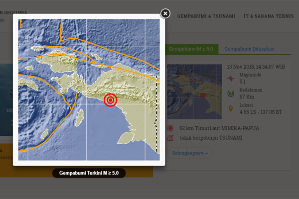  Gempa 5 SR di Timika tak Berpotensi Tsunami