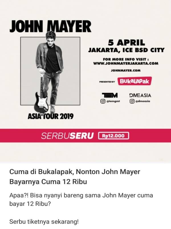  Bukalapak Tawarkan Promo Tiket John Mayer Seharga Rp12 Ribu