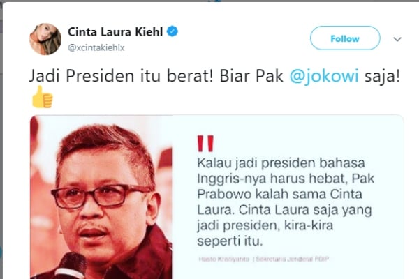  Cinta Laura Disebut Hasto : Jadi Presiden Itu Berat! Biar Pak Jokowi Saja! 