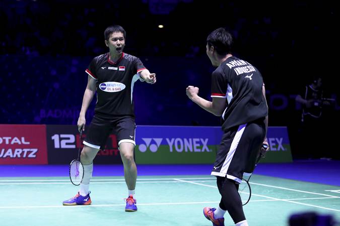 Ganda putra Indonesia Hendra Setiawan (kiri)-Mohammad Ahsan/ANTARA-Widya Amelia