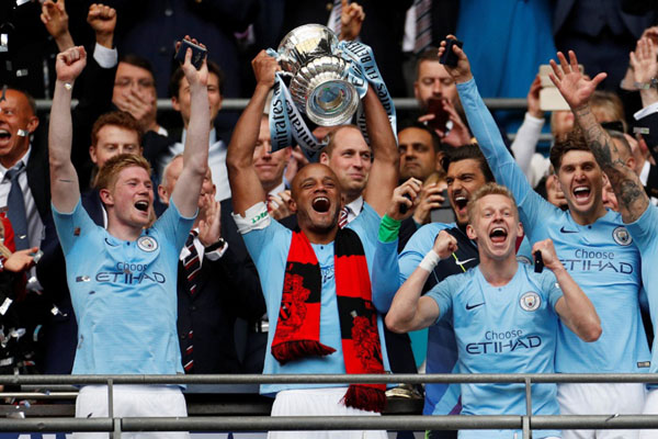 Manchester City juara Piala FA 2018 - 2019 setelah menghancurkan Watford 6 - 0 di final./Reuters-John Sibley