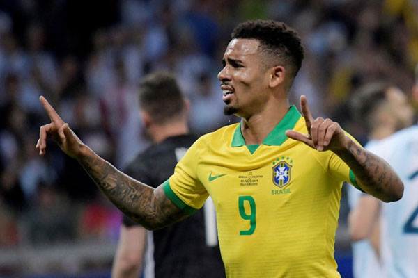 Ujung tombak Brasil Gabriel Jesus selepas menjebol gawang Argentina di semifinal Copa America 2019./Reuters-Washington Alves