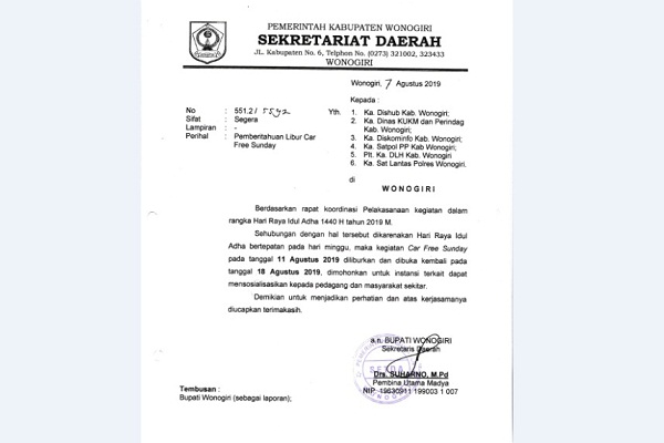  Barengan dengan Iduladha, Car Free Sunday Wonogiri Dibatalkan 