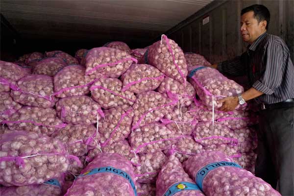 Pekerja menata tumpukan bawang putih saat operasi pasar bawang putih di Semarang, Jawa Tengah, Jumat (2/6)./Antara-R. Rekotomo
