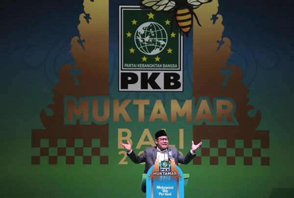 Ketua Umum Partai Kebangkitan Bangsa (PKB) Muhaimin Iskandar berpidato saat penutupan Muktamar PKB 2019 di Nusa Dua, Badung, Bali, Rabu (21/8/2019)./ANTARA FOTO-Fikri Yusuf