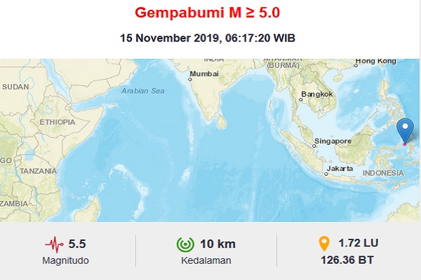  Gempa M 5,5 Guncang Bitung Pagi Ini