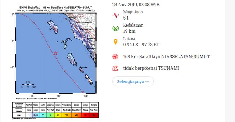  Gempa Manitudo 5.1 Guncang Nias, Tidak Berpotensi Tsunami