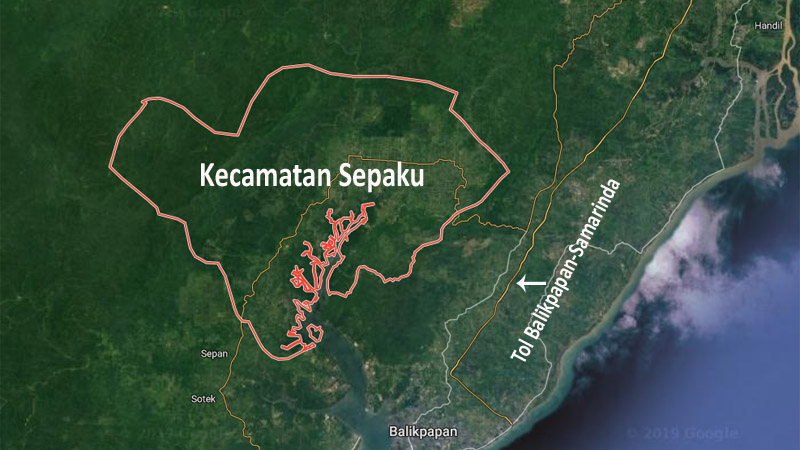 Citra satelit Kecamatan Sepaku dan ruas Tol Balikpapan-Samarinda dari Google Maps