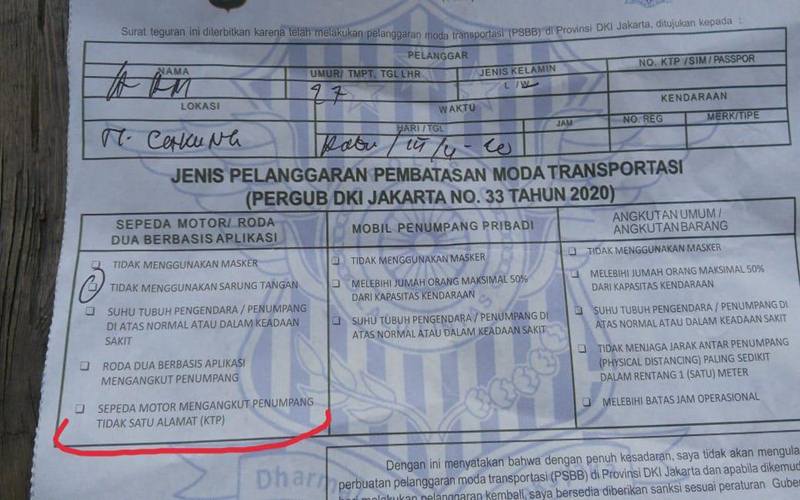 Surat teguran untuk pelanggar PSBB dari Polda Metro Jaya. JIBI/Bisnis-Andri Trisuda