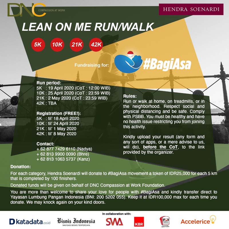  Yuk, Berolahraga Sambil Donasi Covid-19 dengan Lean On Me Run/Walk