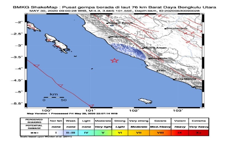  Bengkulu Diguncang Gempa Magnitudo 4,3