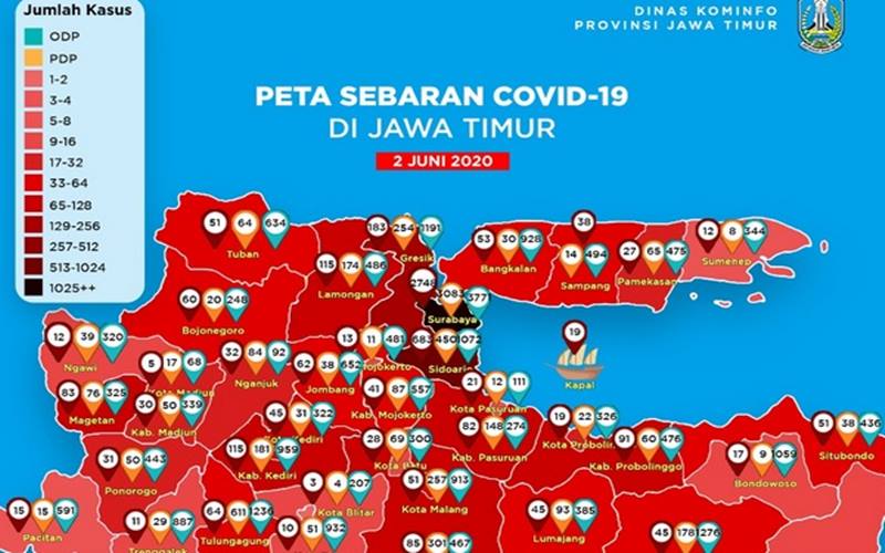 Kota Surabaya masuk zona hitam dalam peta sebaran kasus Covid-19 di Jawa Timur pada 2 Juni 2020./Twitter @Jatim_Pemprov