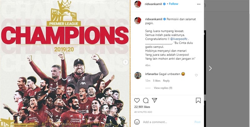  Liverpool Juara, Ini Pantun dari Ridwan Kamil untuk The Reds