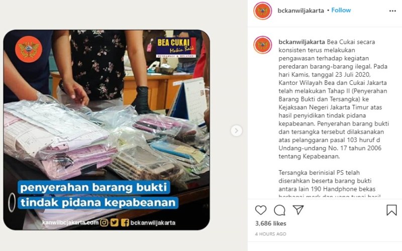 Bea Cukai Kanwil DKI Jakarta menangkap tersangka penjual handphone bekas dan ilegal yang berinisial PS / Instagram: @bckanwiljakarta 