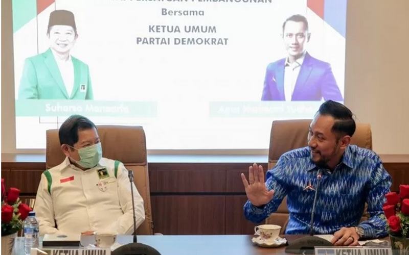 Ketua Umum DPP Partai Demokrat Agus Harimurti Yudhoyono (AHY) dan Ketua Umum DPP Partai Persatuan Pembangunan (PPP) Suharso Monoarfa di Kantor DPP PPP, Menteng, Jakarta Pusat, Rabu (12/8/2020).